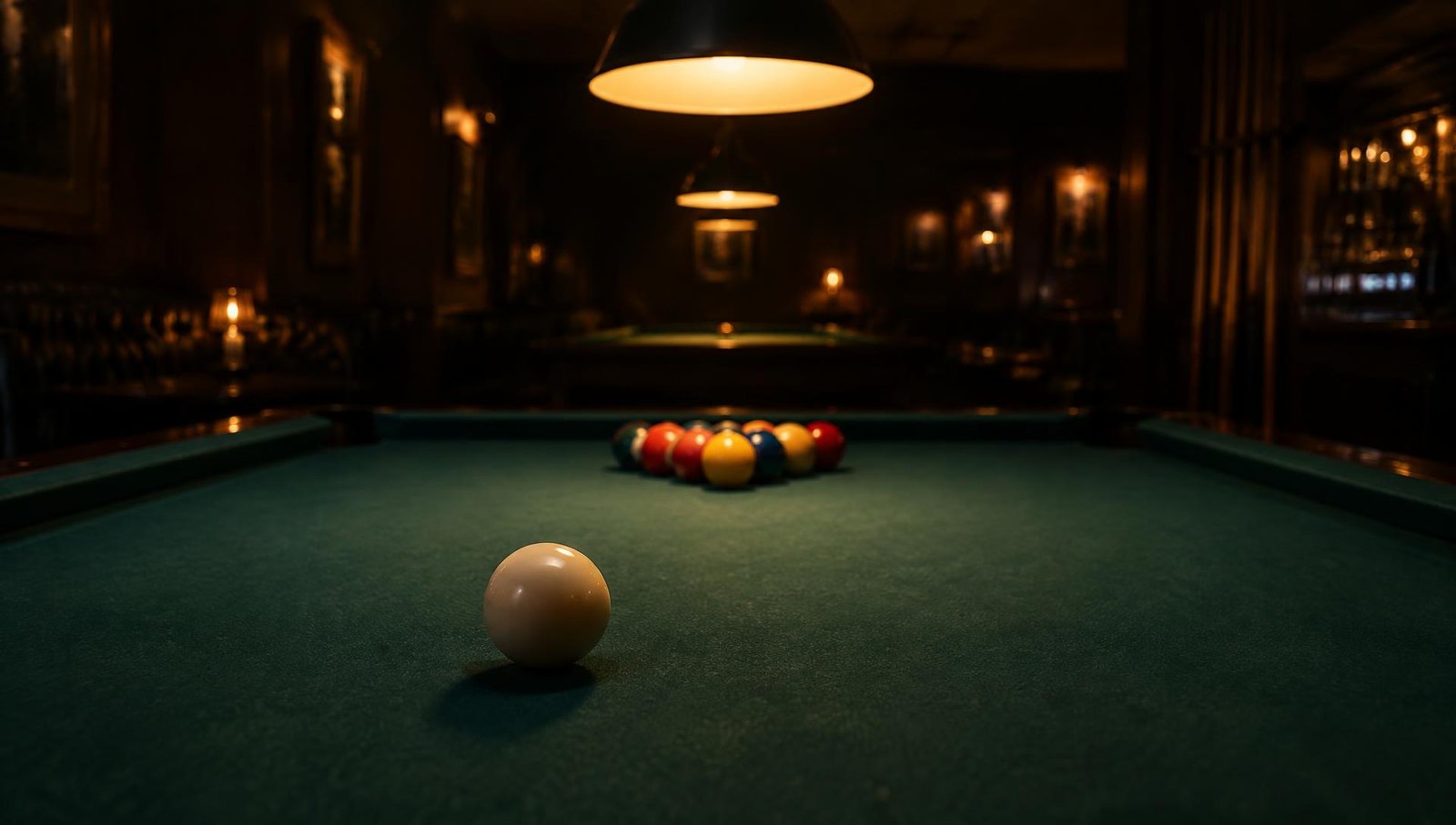 A cue ball on the felt of a pool table under low club lighting